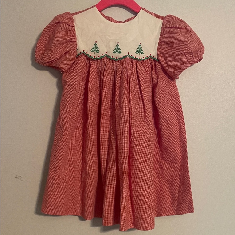 Red and White Kids Casual Dress with Tree Embroidery